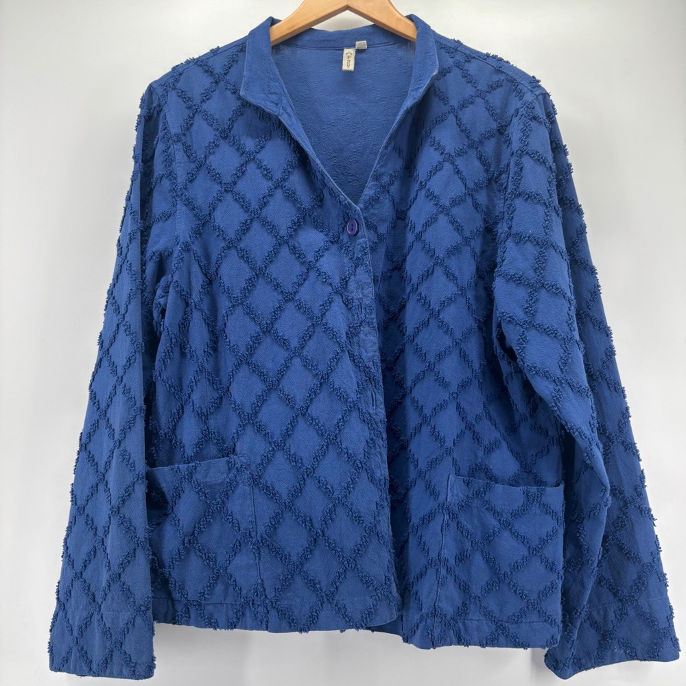 Focus Jacket Women Large Blue Diamond Tufted Cotton Lagenlook Art to Wear CH518